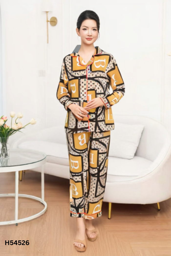 Set đồ ngủ dài vàng họa tiết