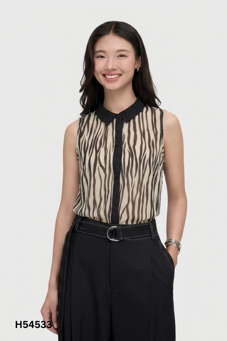 Áo voan CANIFA đen họa tiết xanh