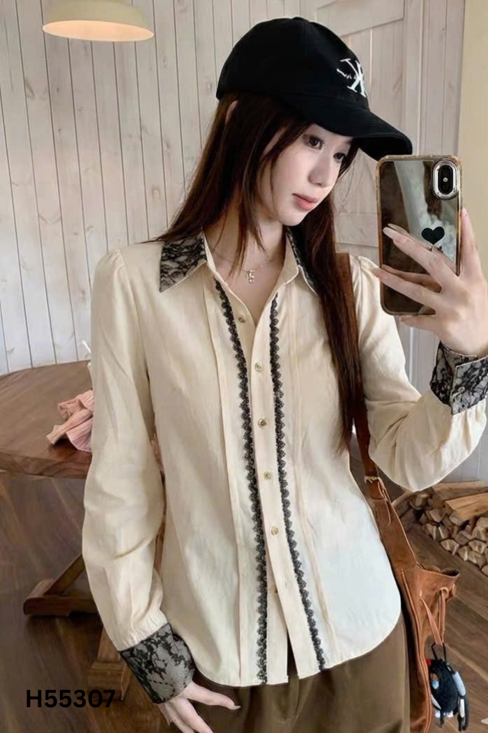 Áo sơ mi HANA viền ren đen