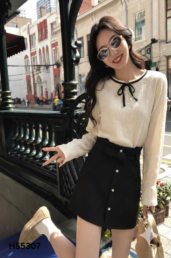 NEWTAG Set Áo đũi be YOULIE nơ đen + chân váy