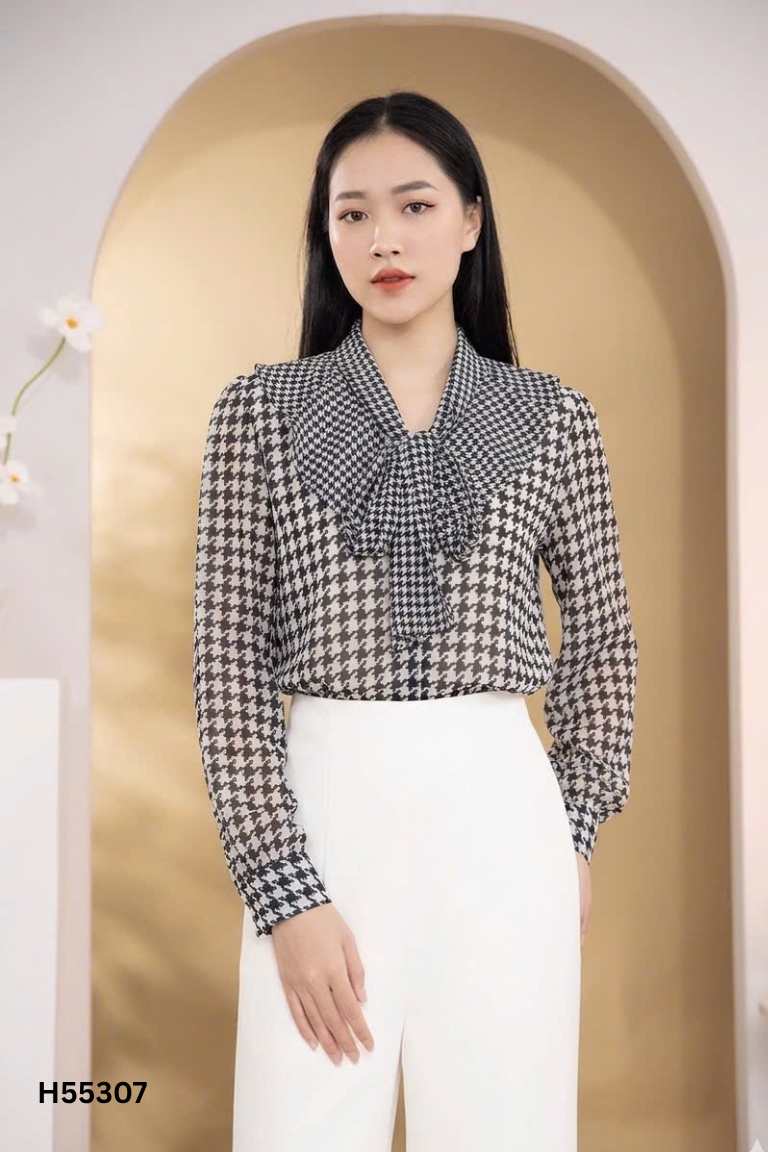 Áo trắng đen họa tiết buộc nơ
