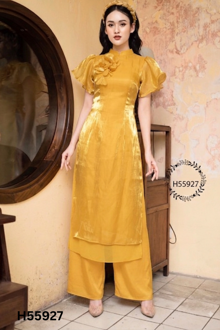 Set áo dài vàng phối organza