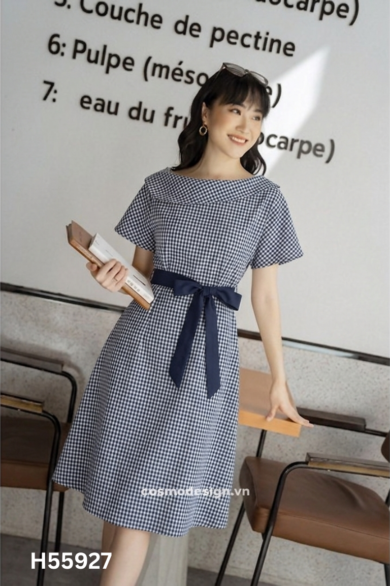 Váy COSMO Design xanh than kẻ caro trắng