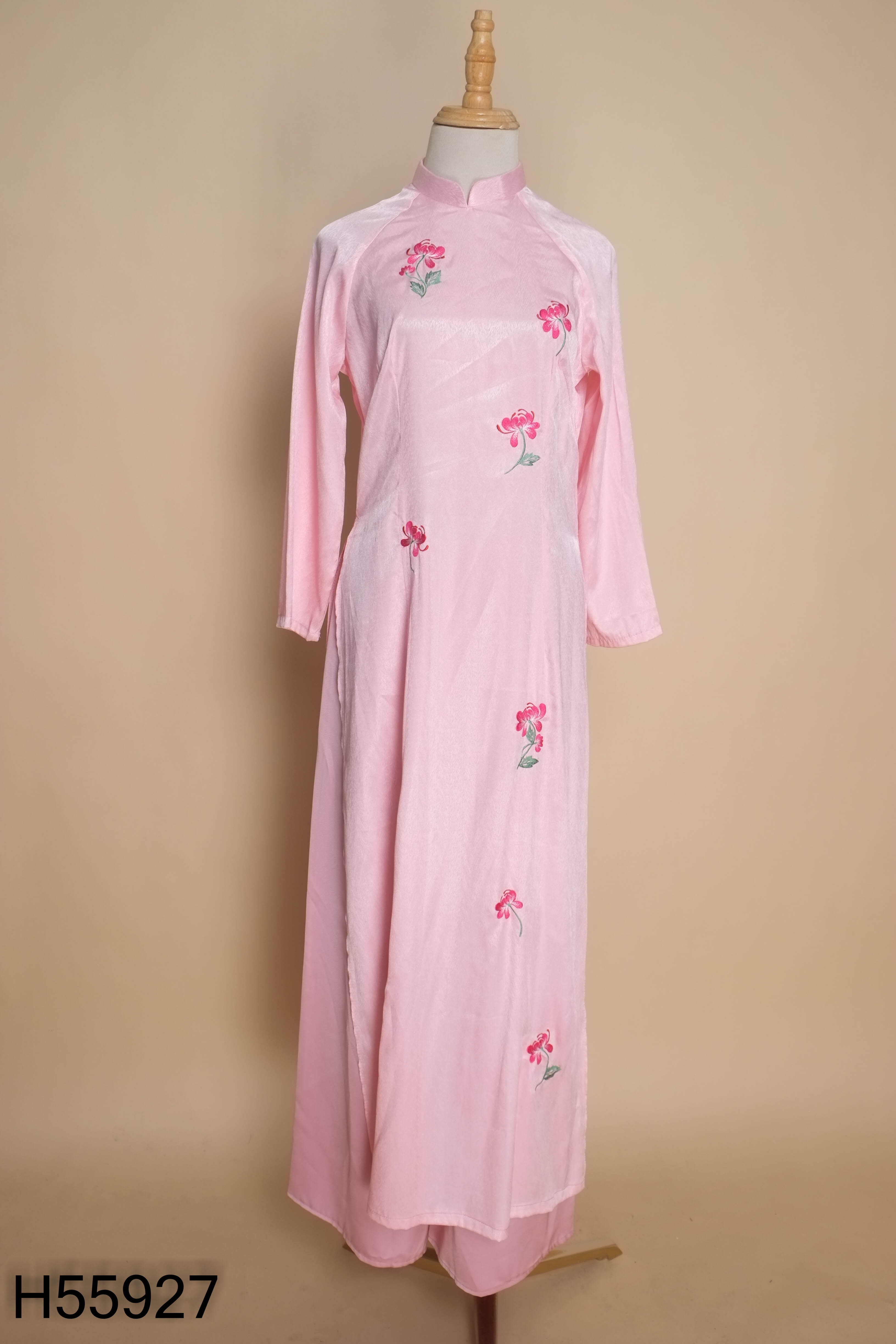 Set áo dài lụa hồng in hình