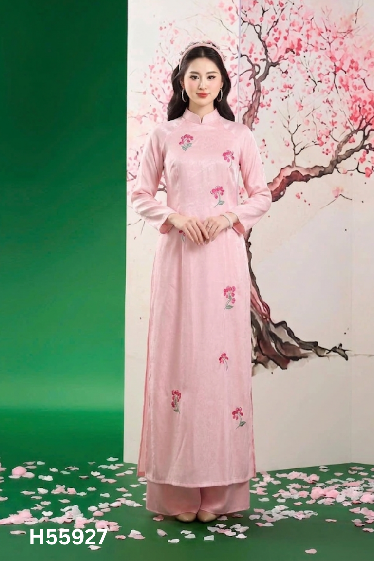 Set áo dài lụa hồng in hình