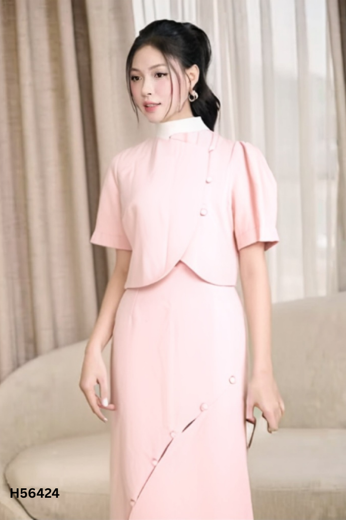 Set Áo hồng phối cúc bọc + chân váy