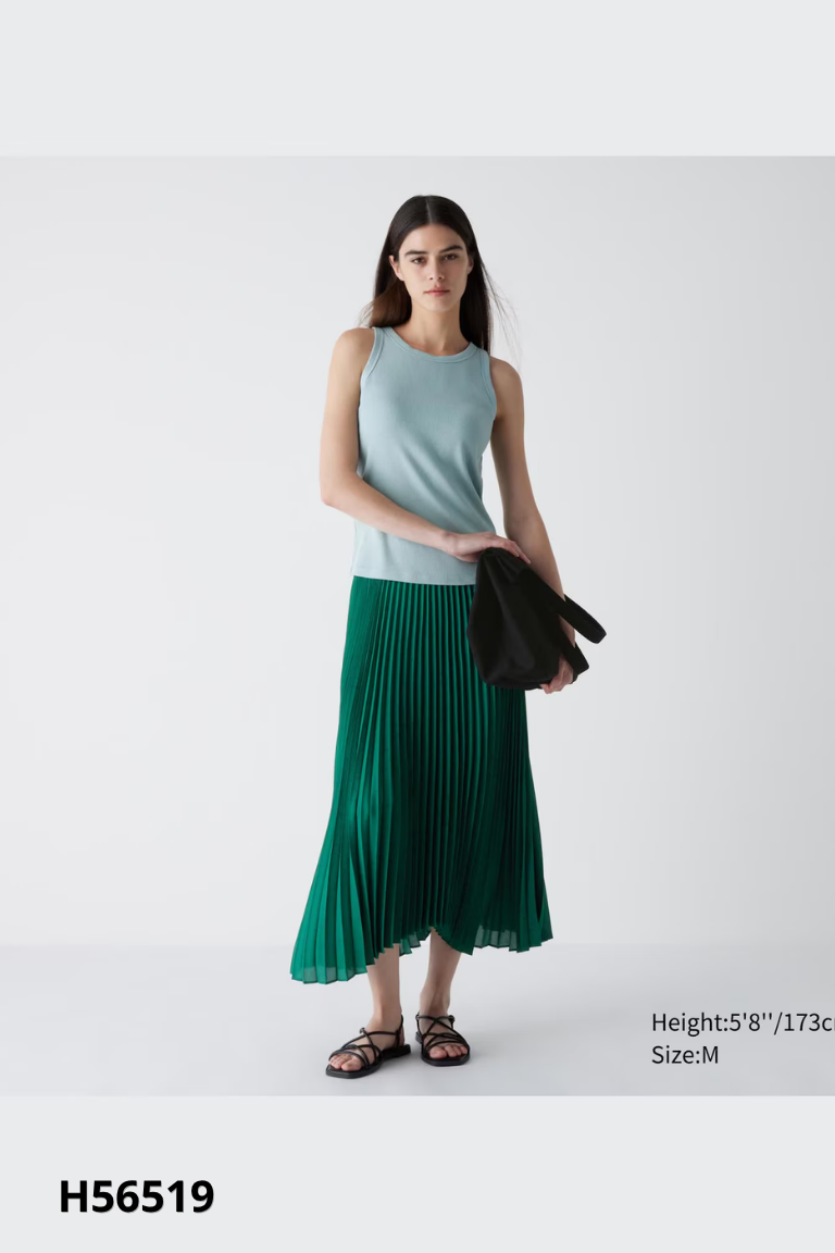 Chân váy xếp ly xanh UNIQLO họa tiết chấm