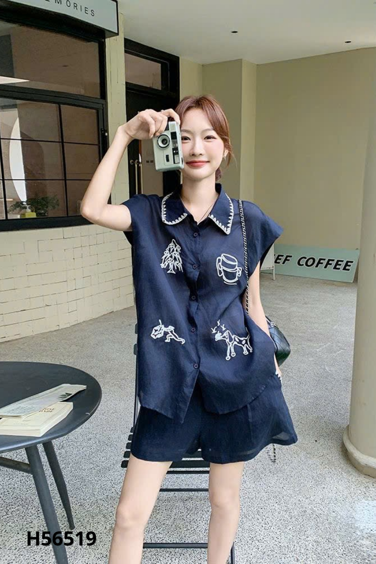 Set Áo gile xanh GS GOODSTART thêu họa tiết + Quần short