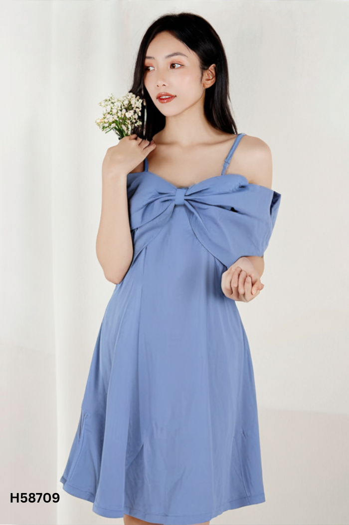 NEWTAG Váy hai dây xanh phối nơ