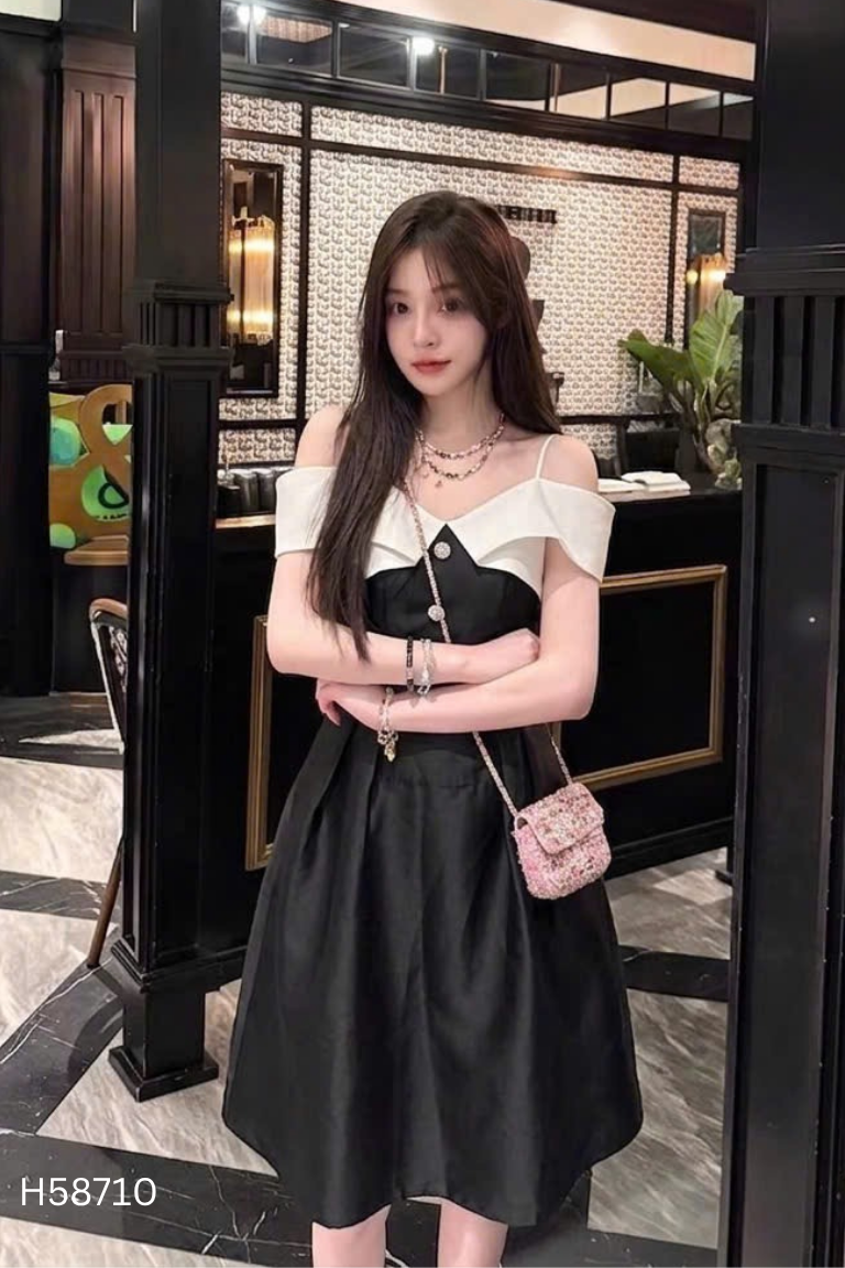 Váy đen phối trắng hai dây