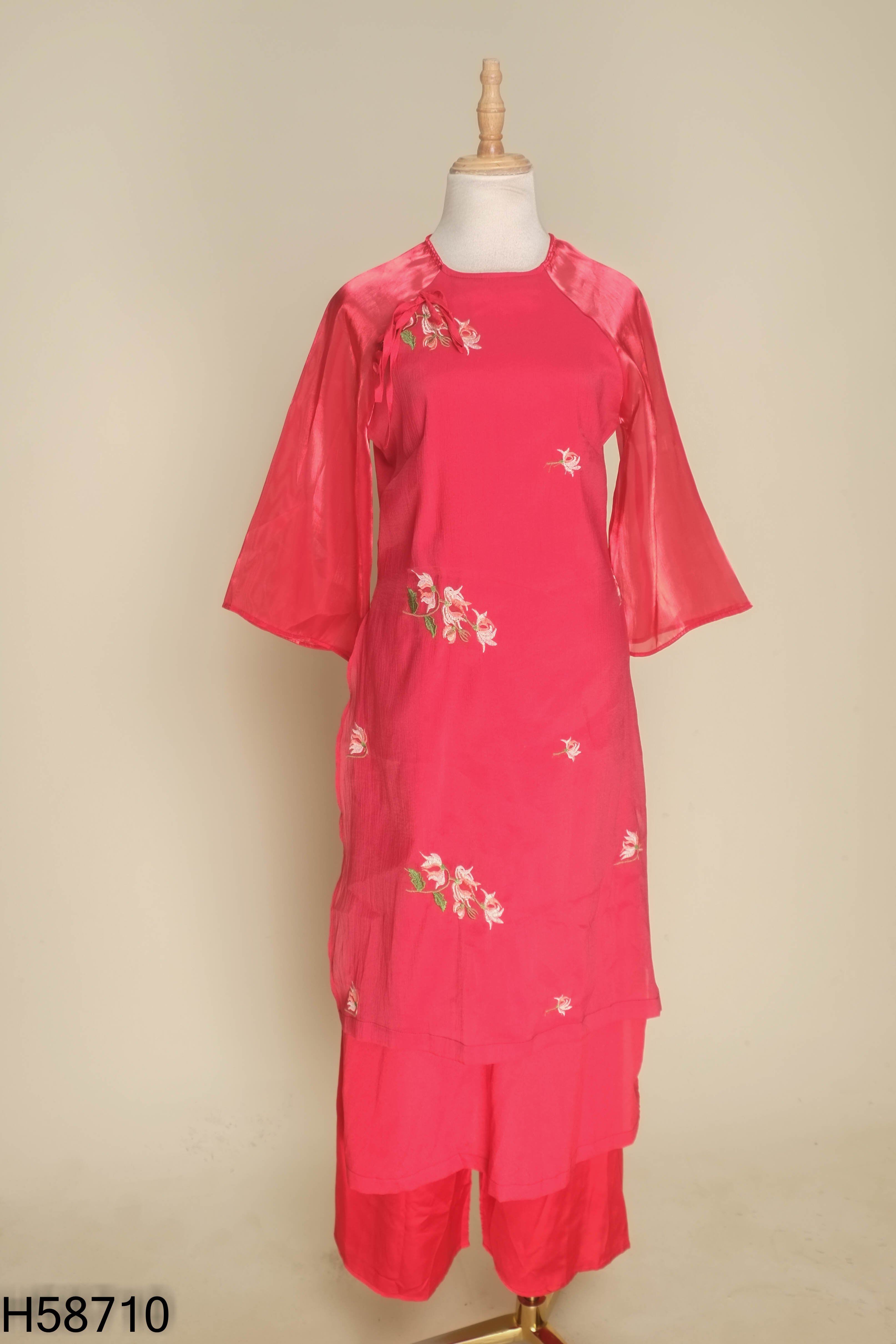 Set áo dài voan+ quần lụa đỏ thêu hoa