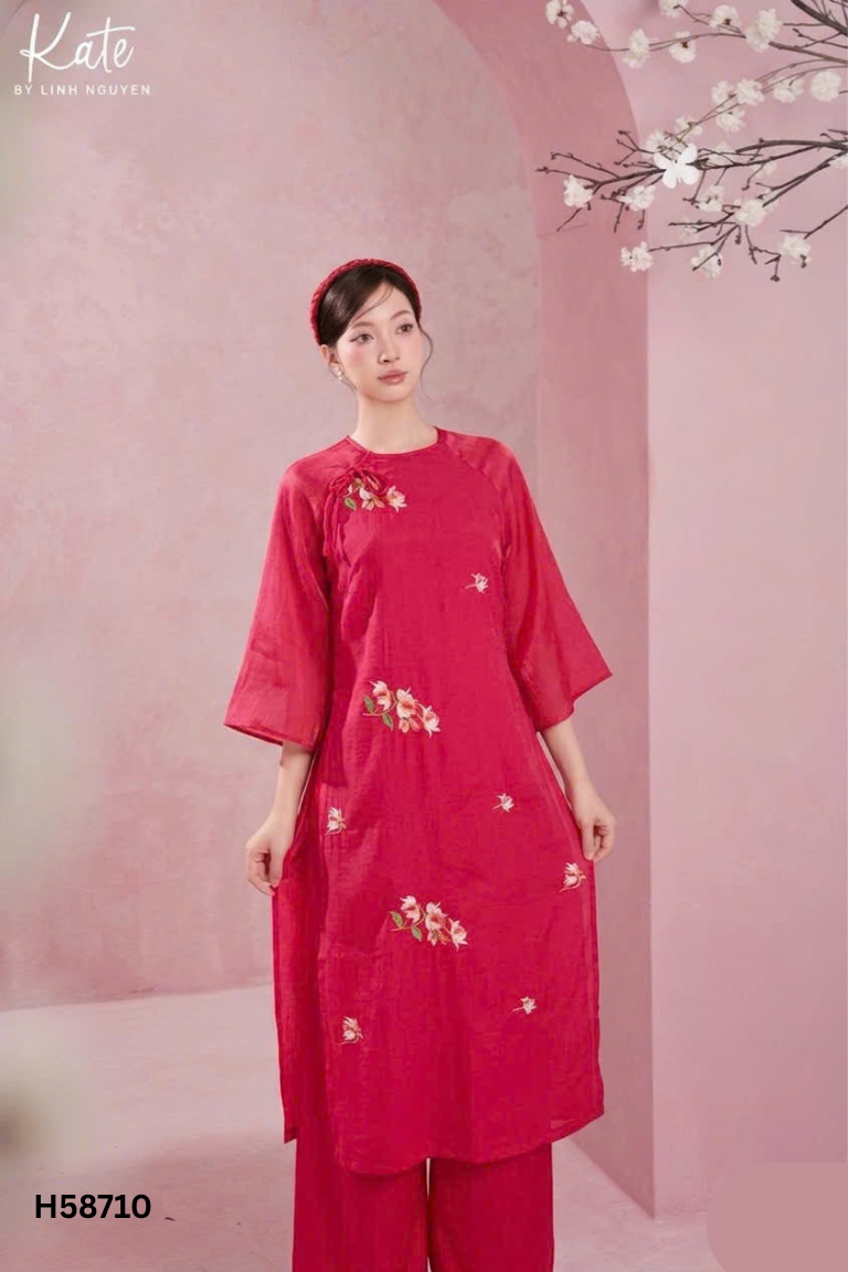 Set áo dài voan+ quần lụa đỏ thêu hoa