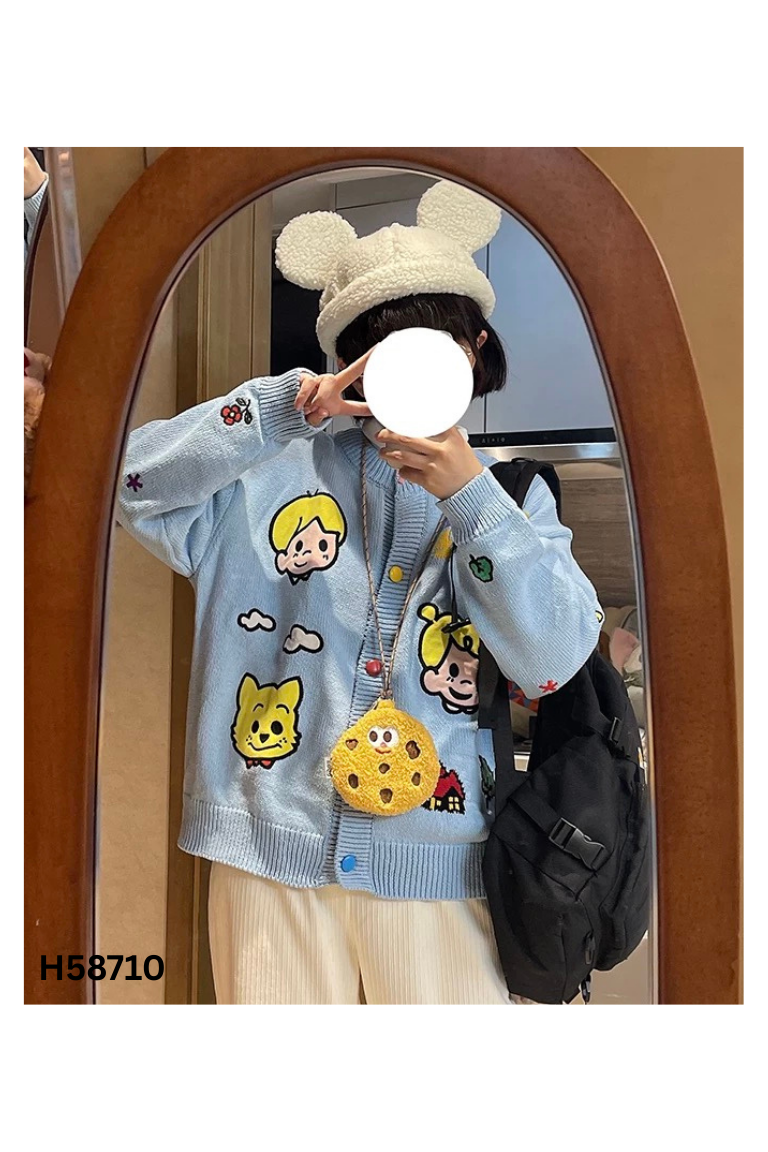 Áo len cardigans xanh thêu họa tiết