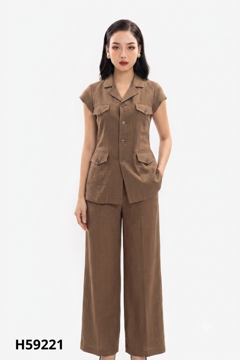 Set áo sơ mi nâu cộc tay + quần dài