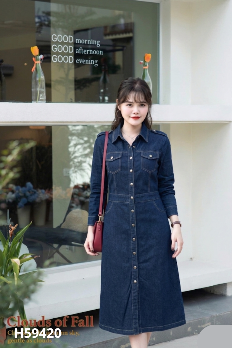 Váy jean BIDITIRRY xanh cổ sơ mi