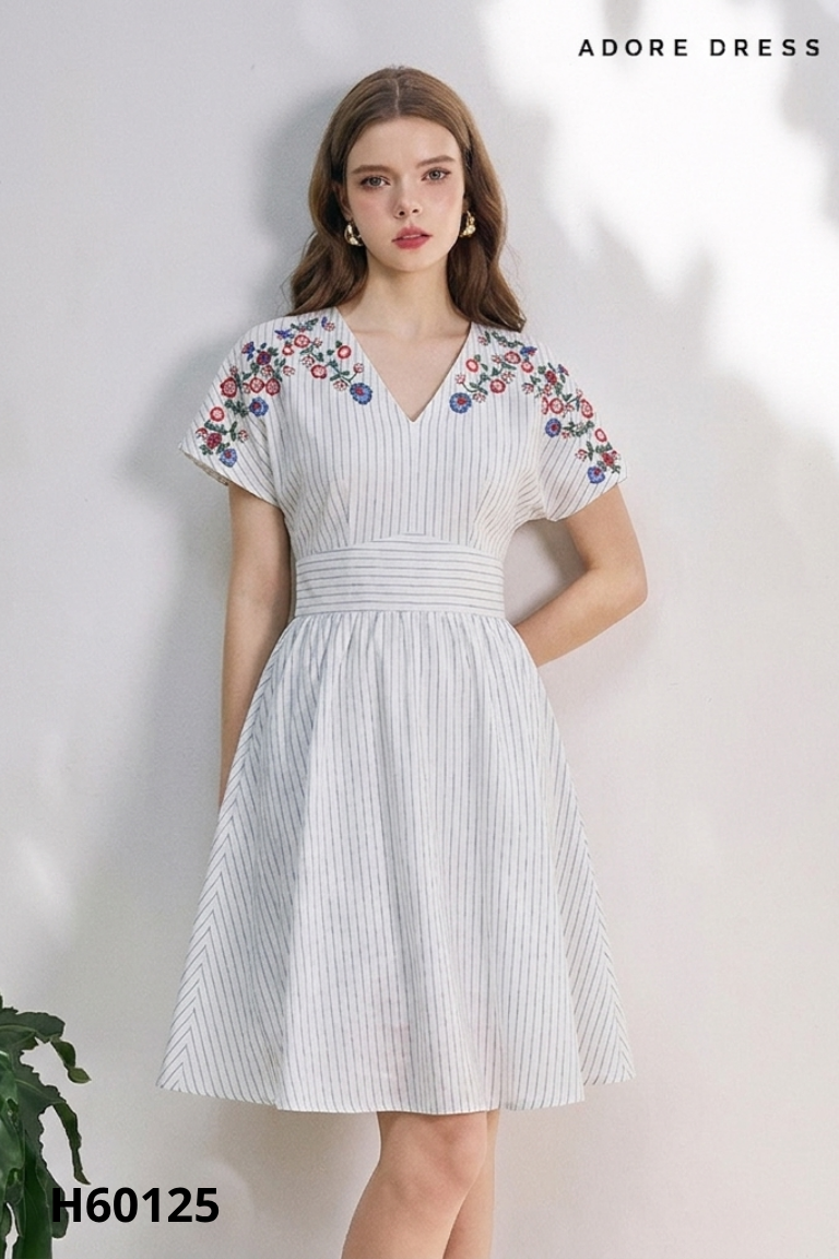 Váy ADORE DRESS trắng sọc thêu hoa