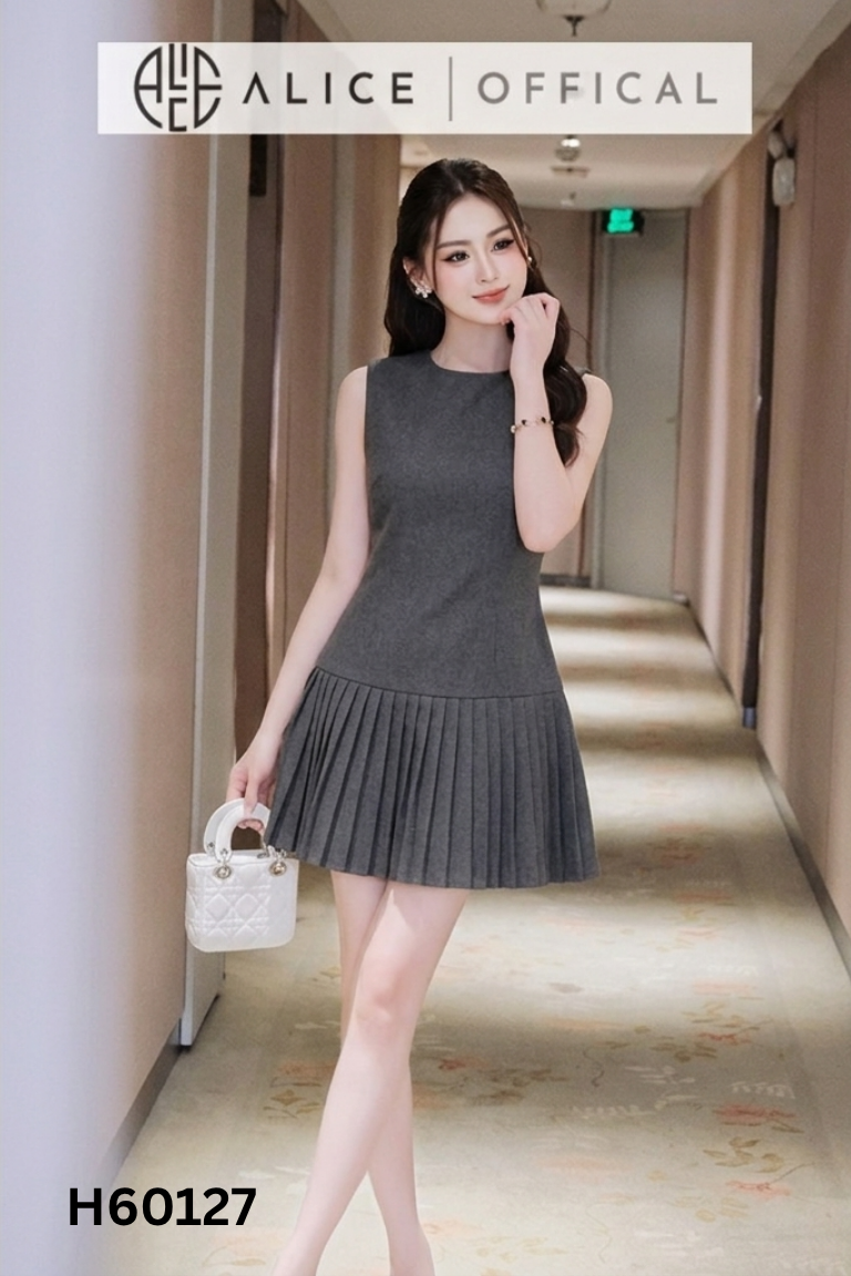 Váy dạ xám phối chân xếp ly