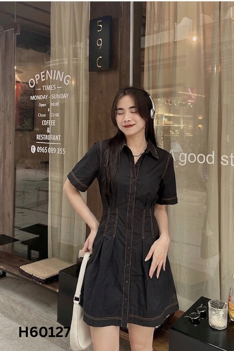 Váy xanh than thêu chỉ nâu