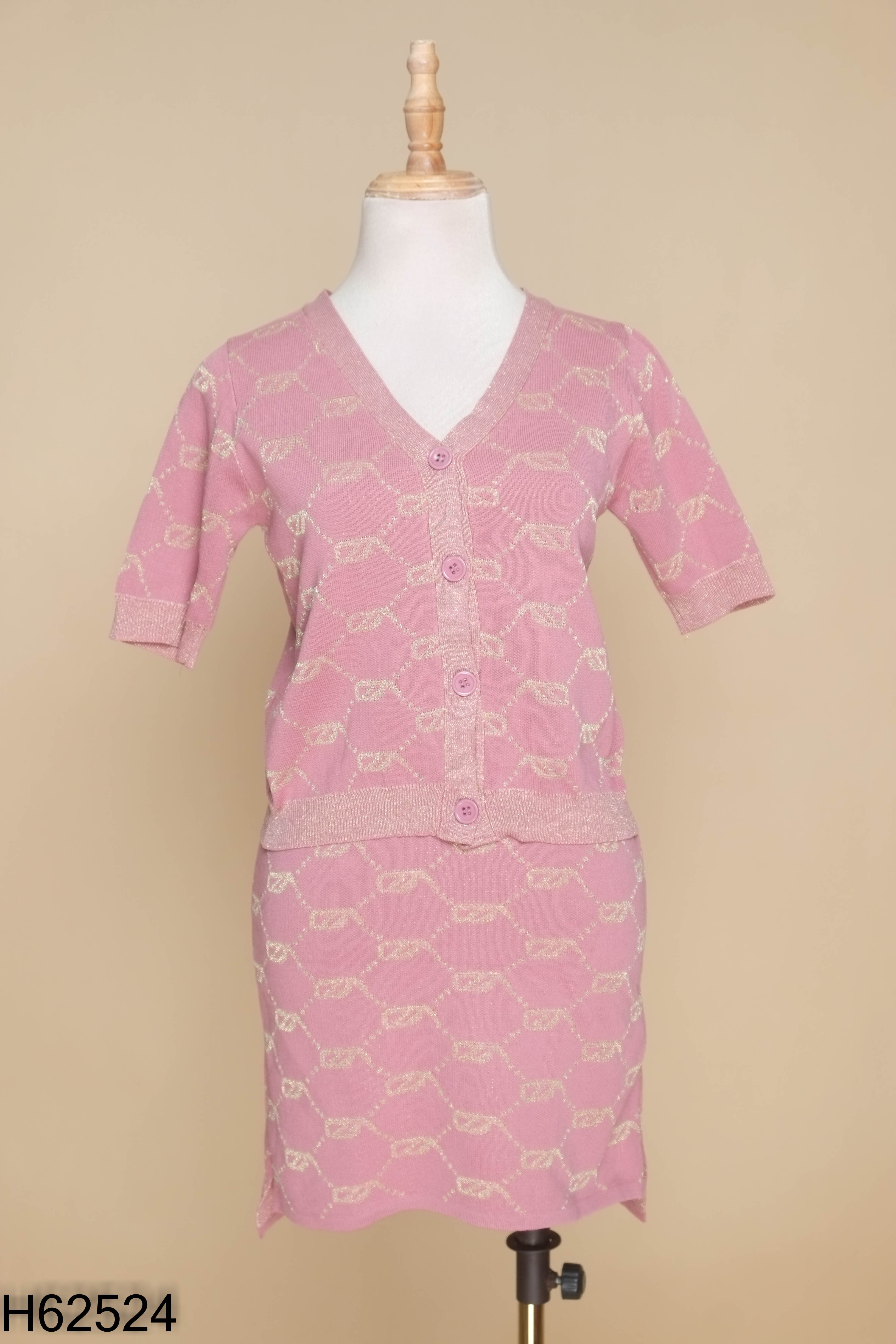 Set len hồng ánh nhũ áo kiểu + chân váy