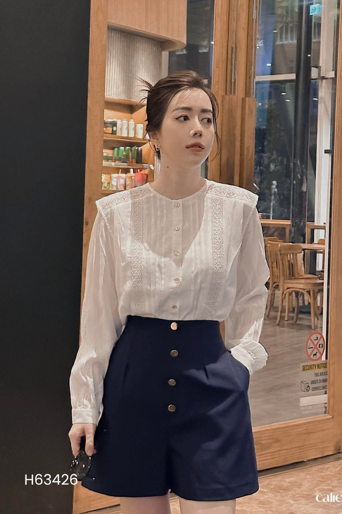 Áo CALIE sơ mi đũi trắng phối ren