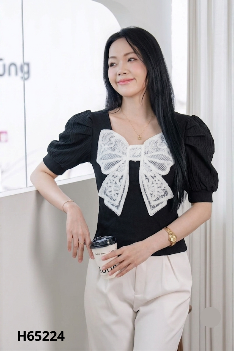 Áo len ngắn tay đen nơ
