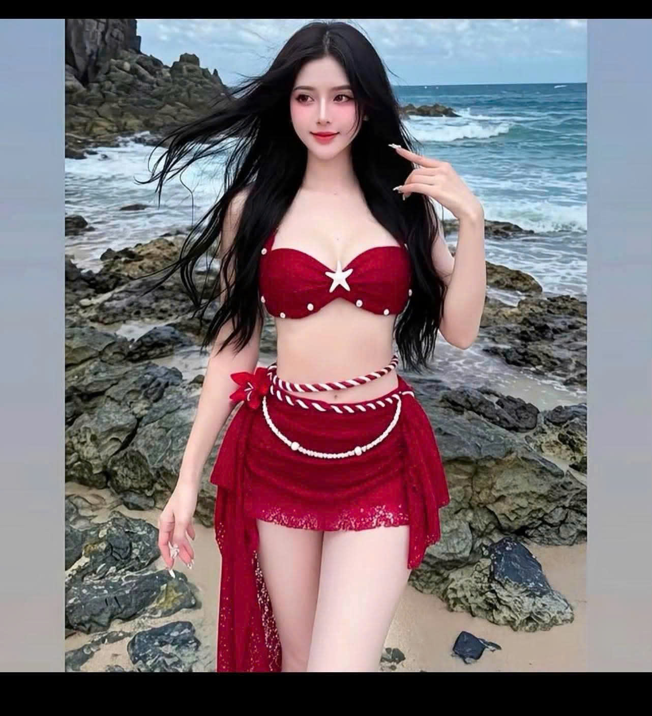 Set bikini ren đỏ phối ngọc