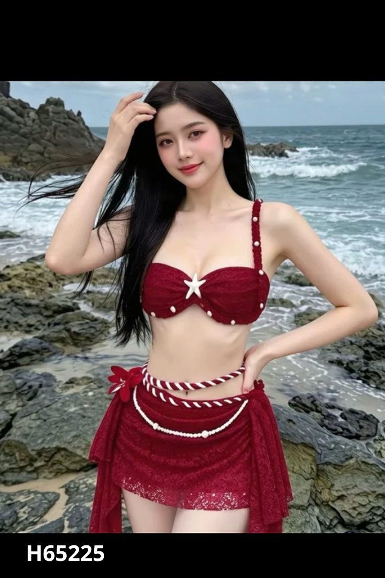 Set bikini ren đỏ phối ngọc