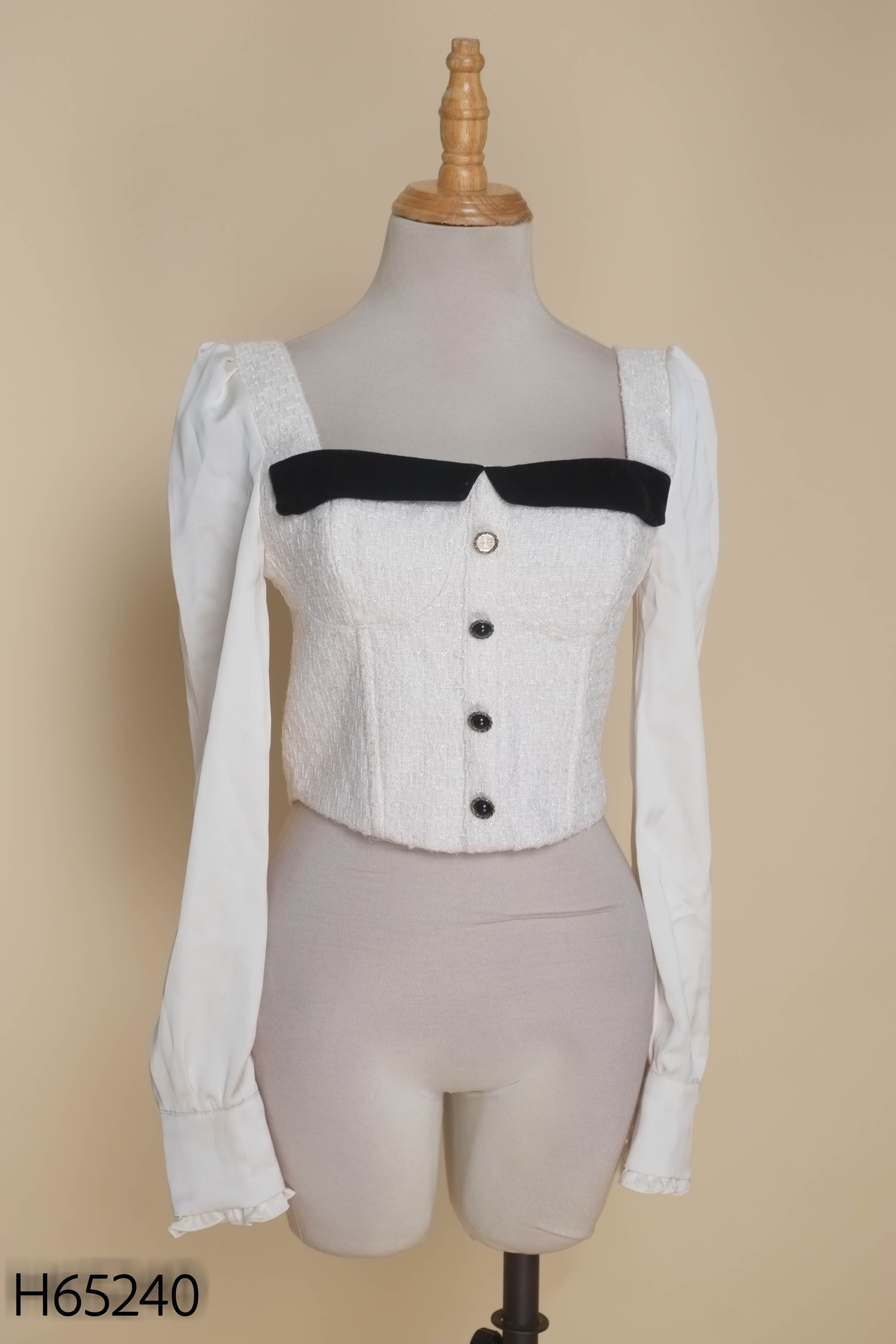 Áo tweed len trắng cổ vuông ngắn