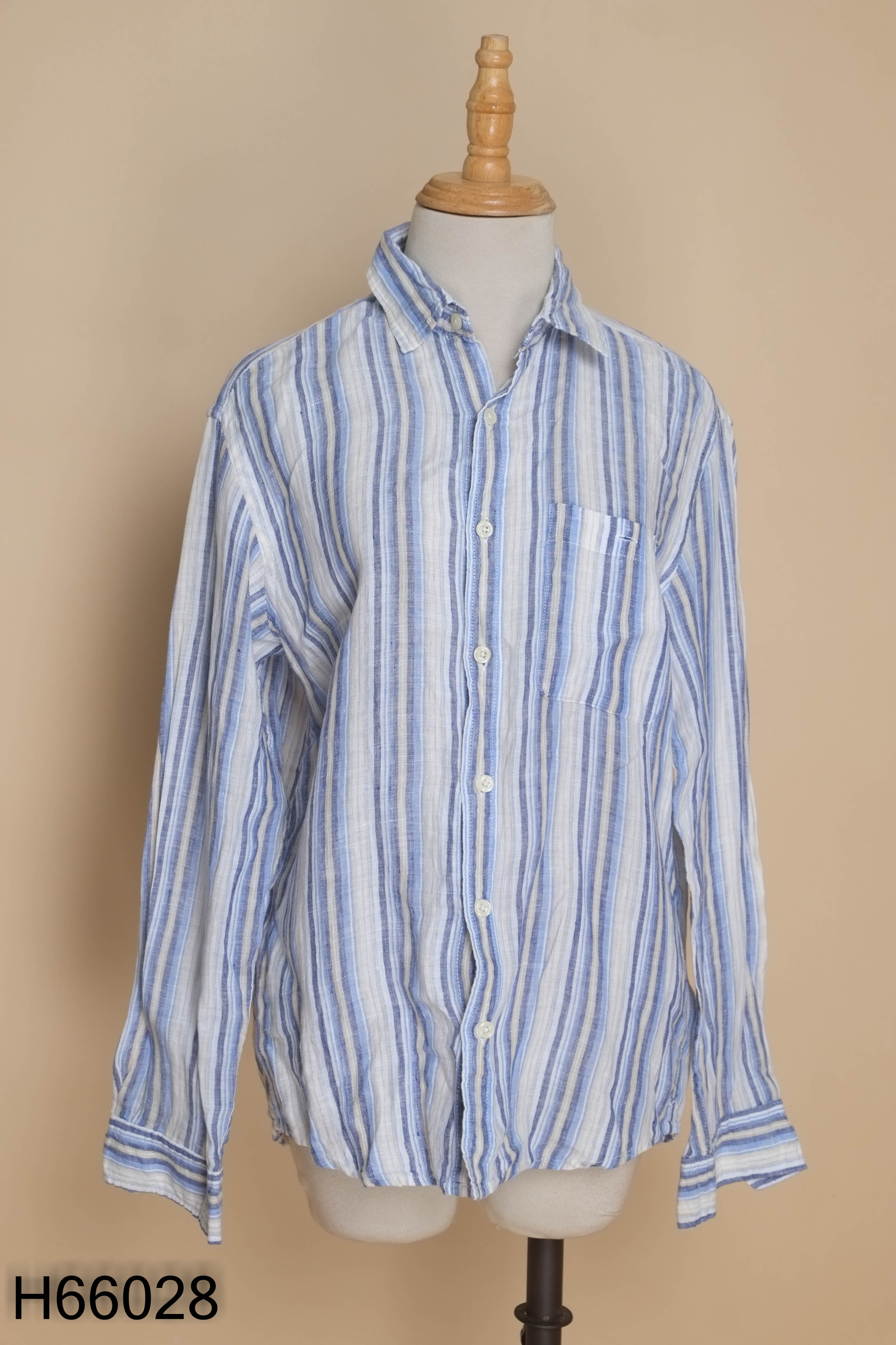Áo sơ mi linen be sọc xanh