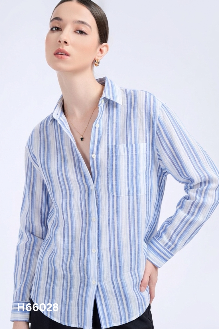Áo sơ mi linen be sọc xanh