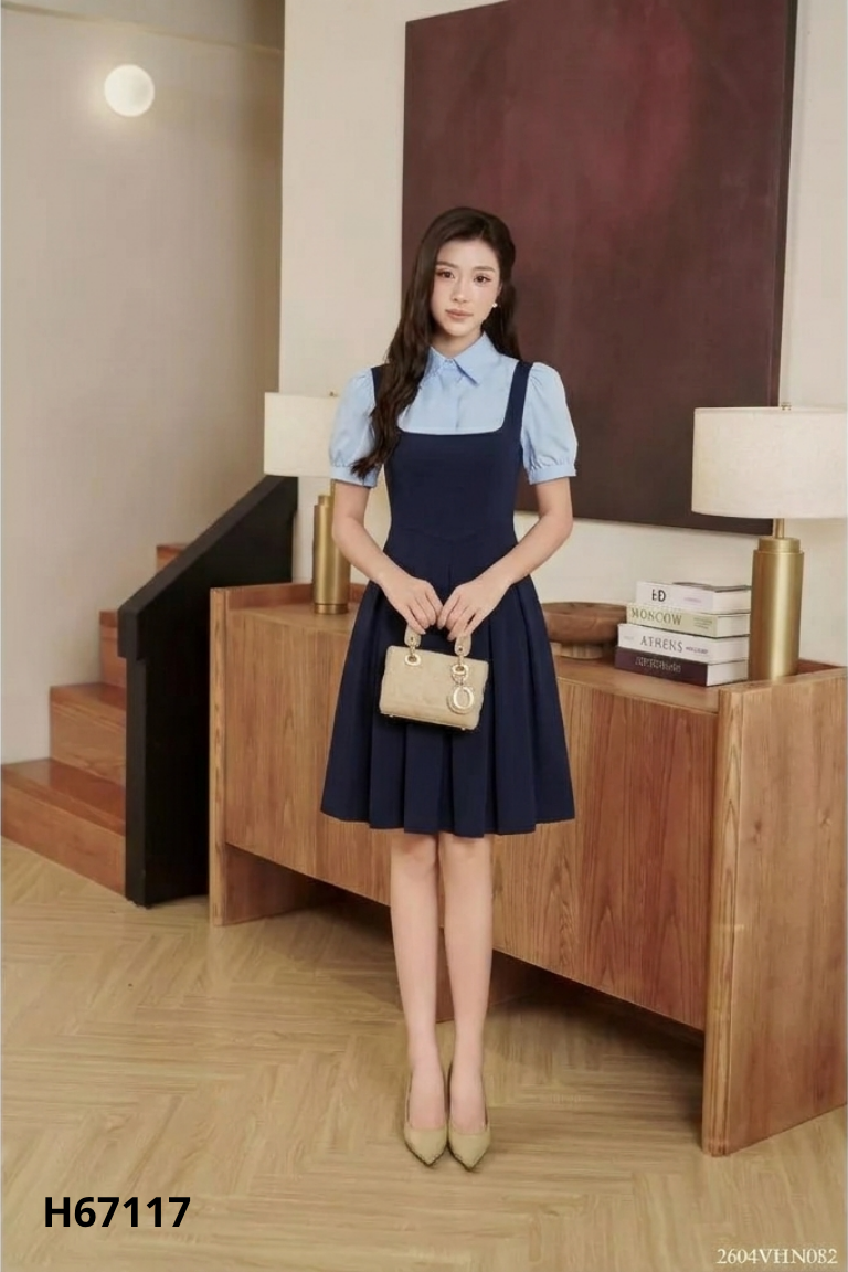 Váy xanh than phối cổ sơ mi tay phồng