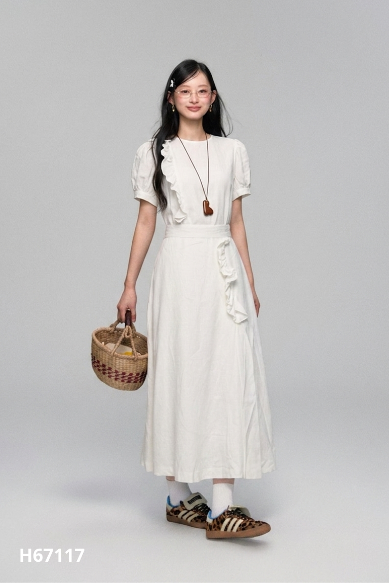 Set Áo linen trắng phối bèo + chân váy
