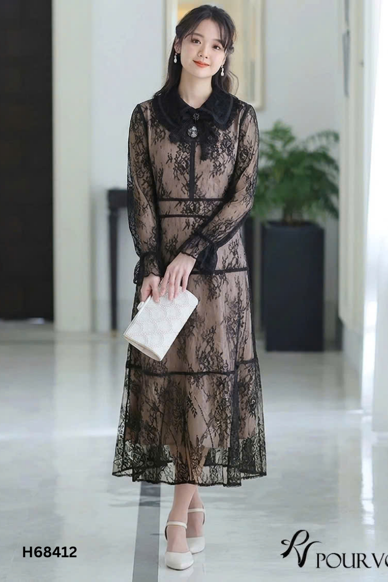 Váy lưới đen cổ bẻ