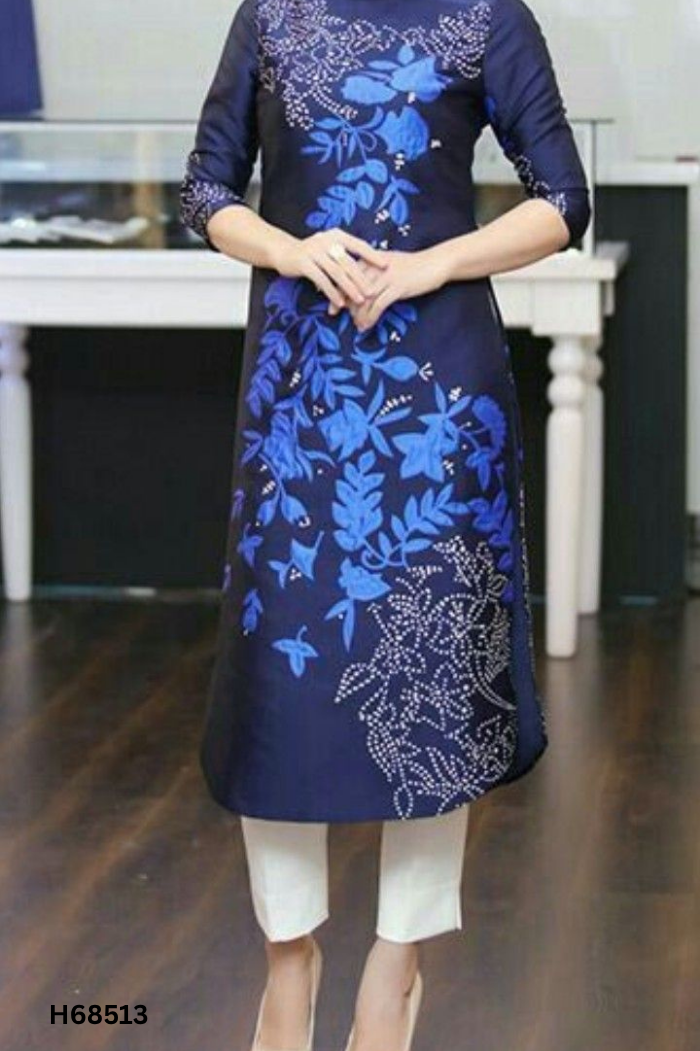Váy BIJIN xanh navy họa tiết xanh phối bạc