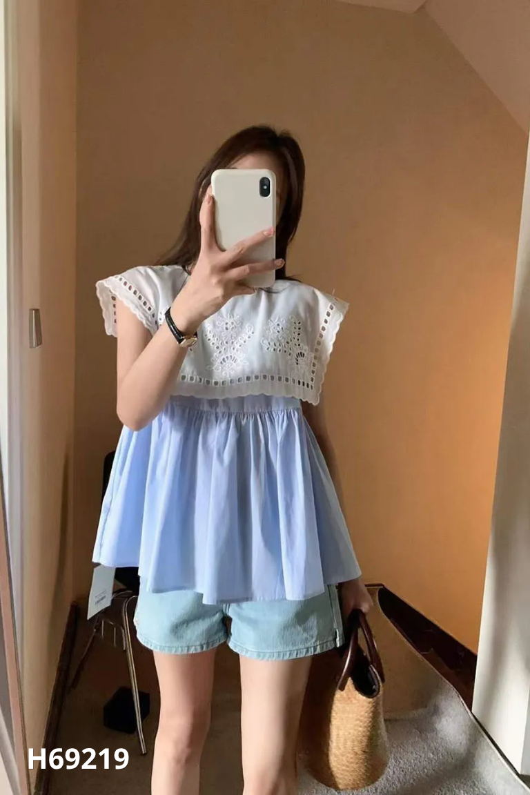 Áo BAL babydoll xanh cổ trắng