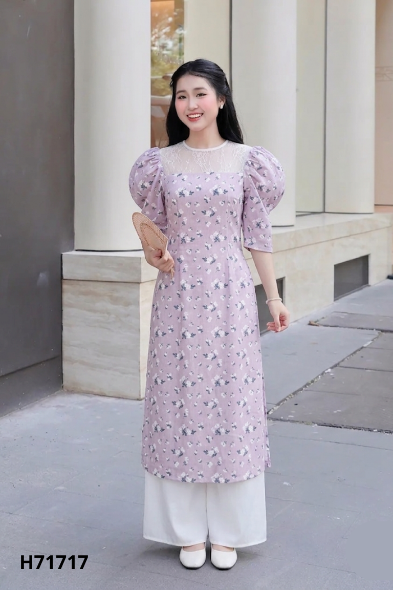 Set GERME áo dài hồng họa tiết hoa + quần LYRA trắng