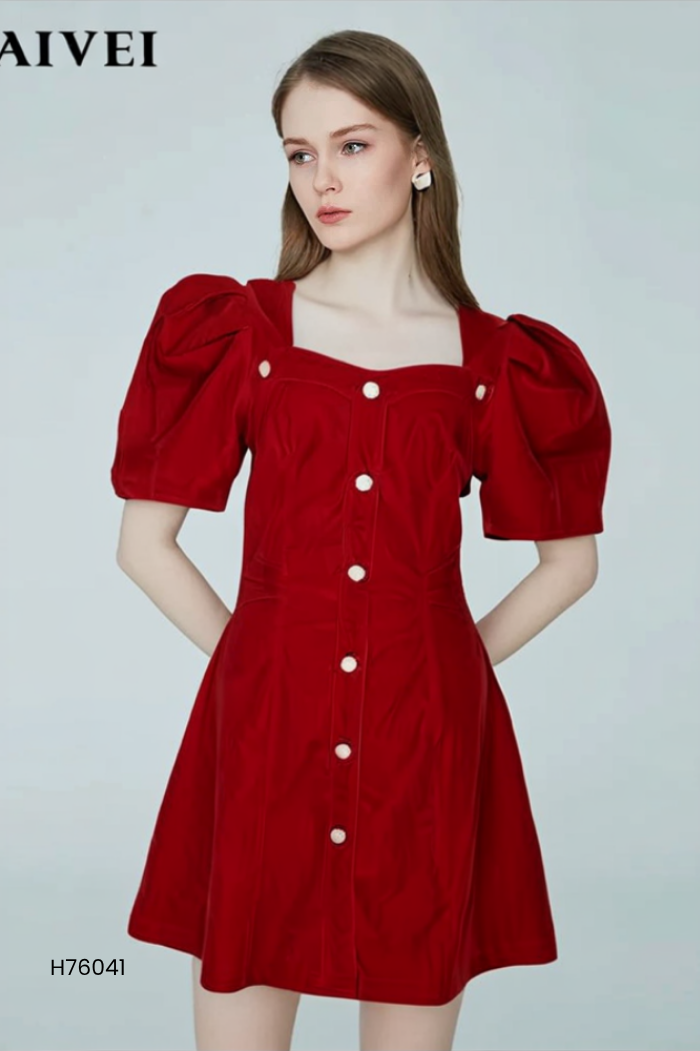 NEWTAG Váy nhung đỏ cổ vuông