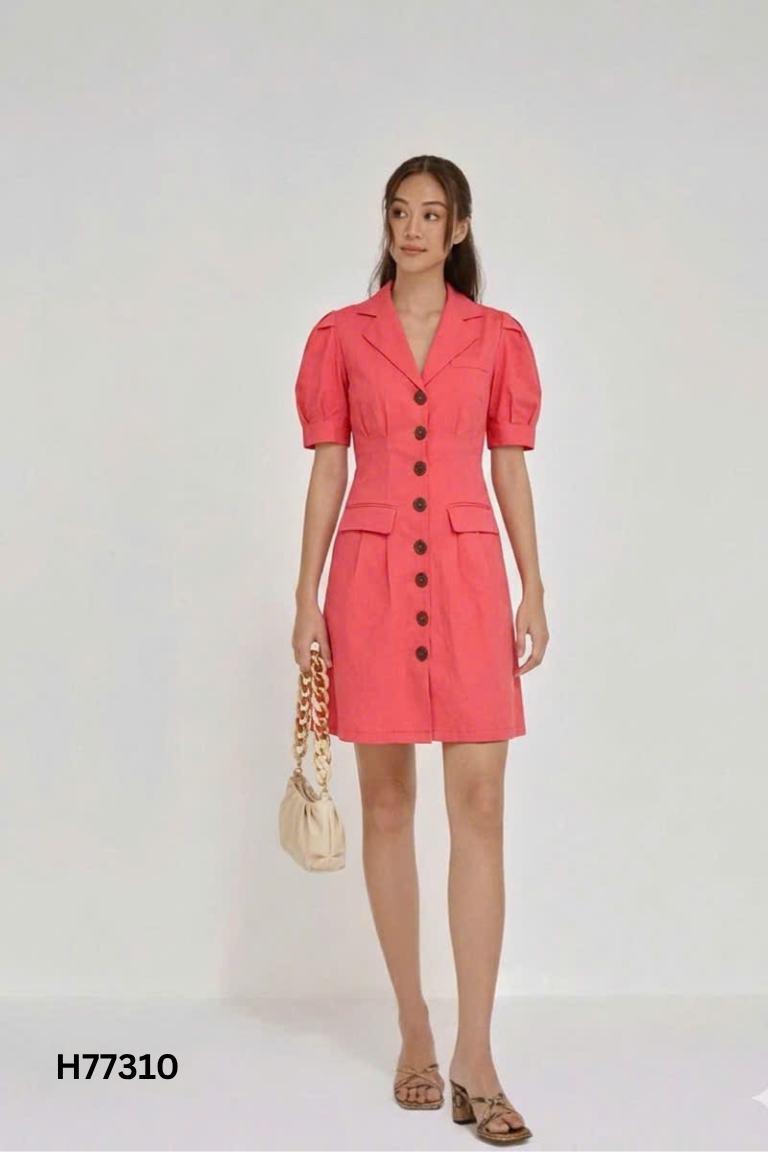 Váy hồng cổ vest cài khuy