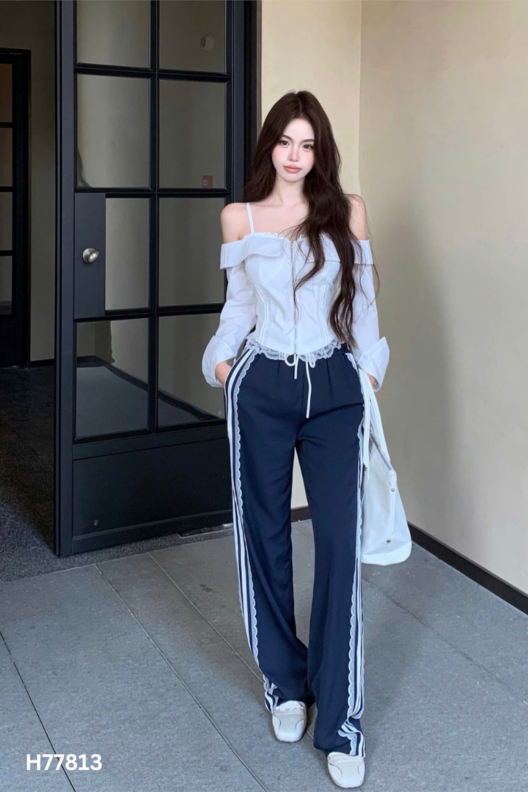 Set Áo trắng viền ren + quần sọc