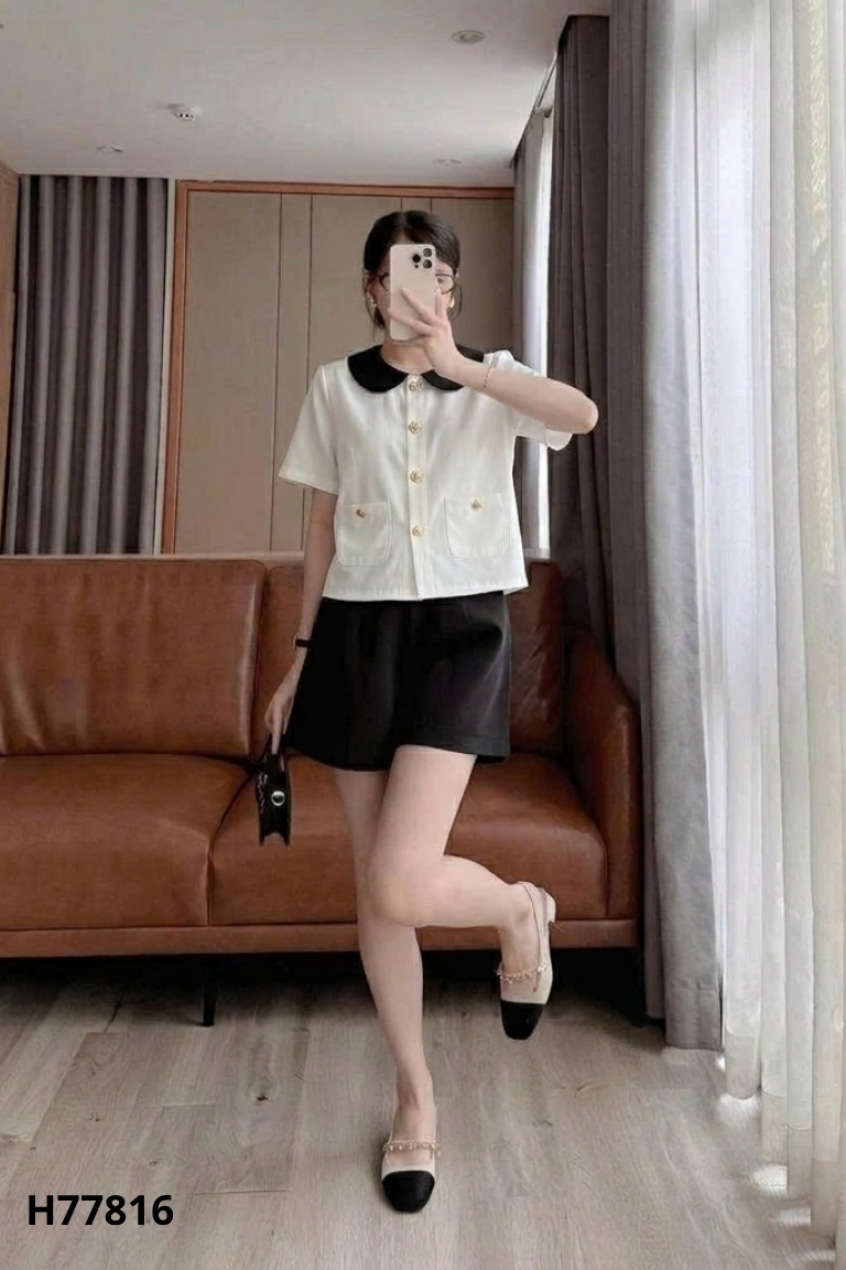 NEWTAG Áo trắng MINZ cổ sen đen