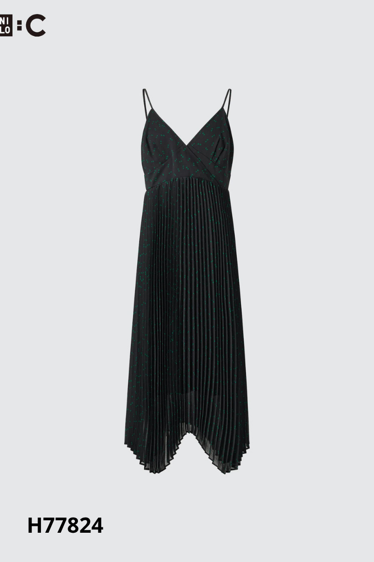 NEWTAG Váy hai dây UNIQLO đen chấm bi xếp ly