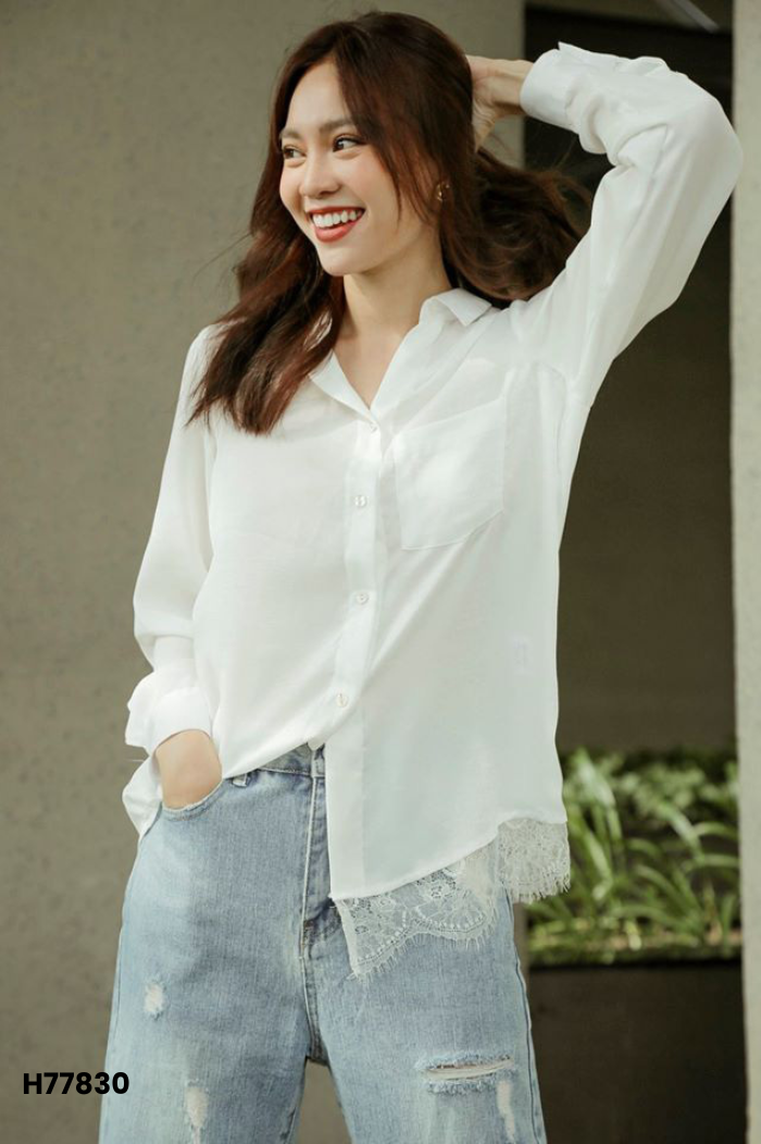 Áo sơ mi MONO TALK lụa trắng phối ren