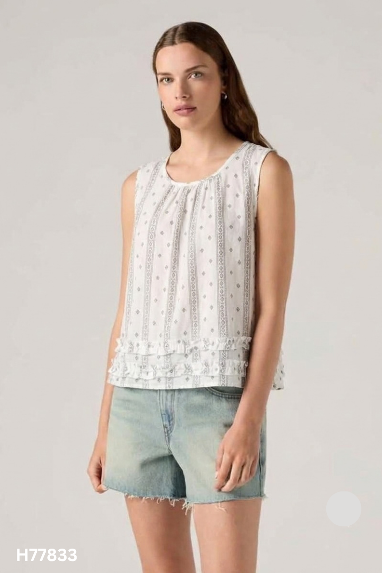 NEWTAG Áo sát nách linen trắng họa tiết