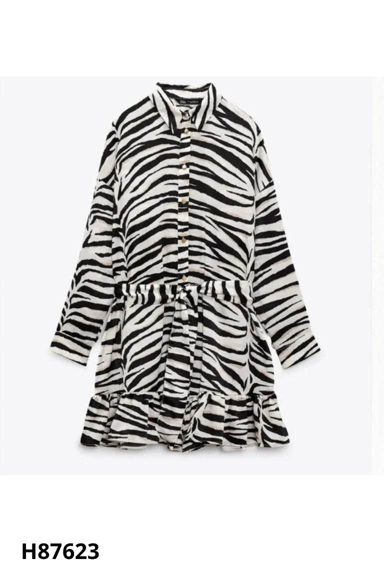 Váy lụa ZARA be vằn đen kèm đai