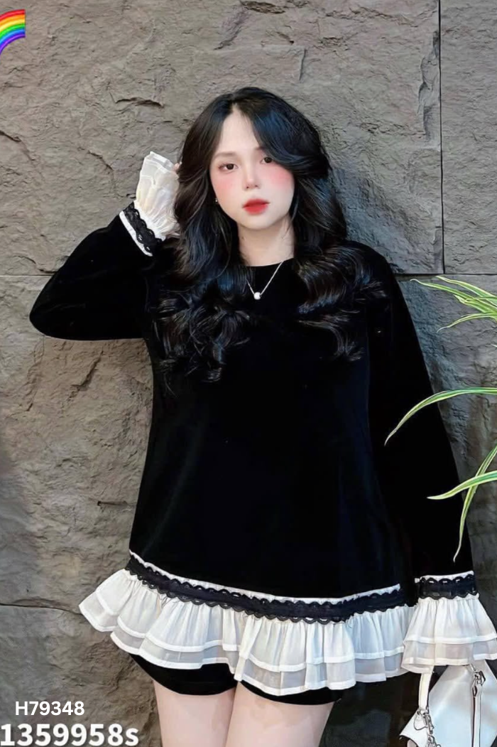 Set Áo nhung đen phối voan be + quần shorts