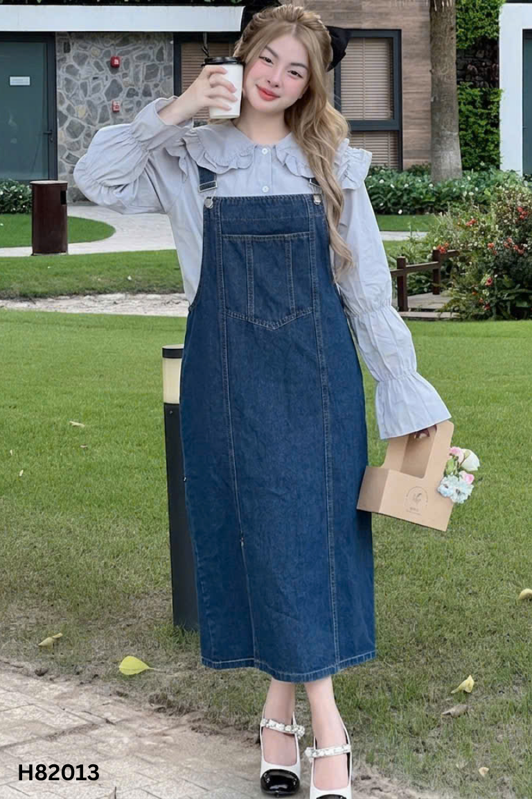 Set xanh áo sơ mi bèo+váy jeans yếm