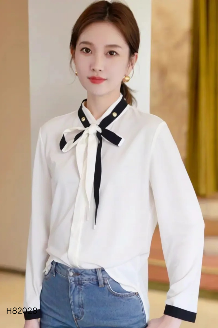NEWTAG Áo trắng be cổ nơ đen