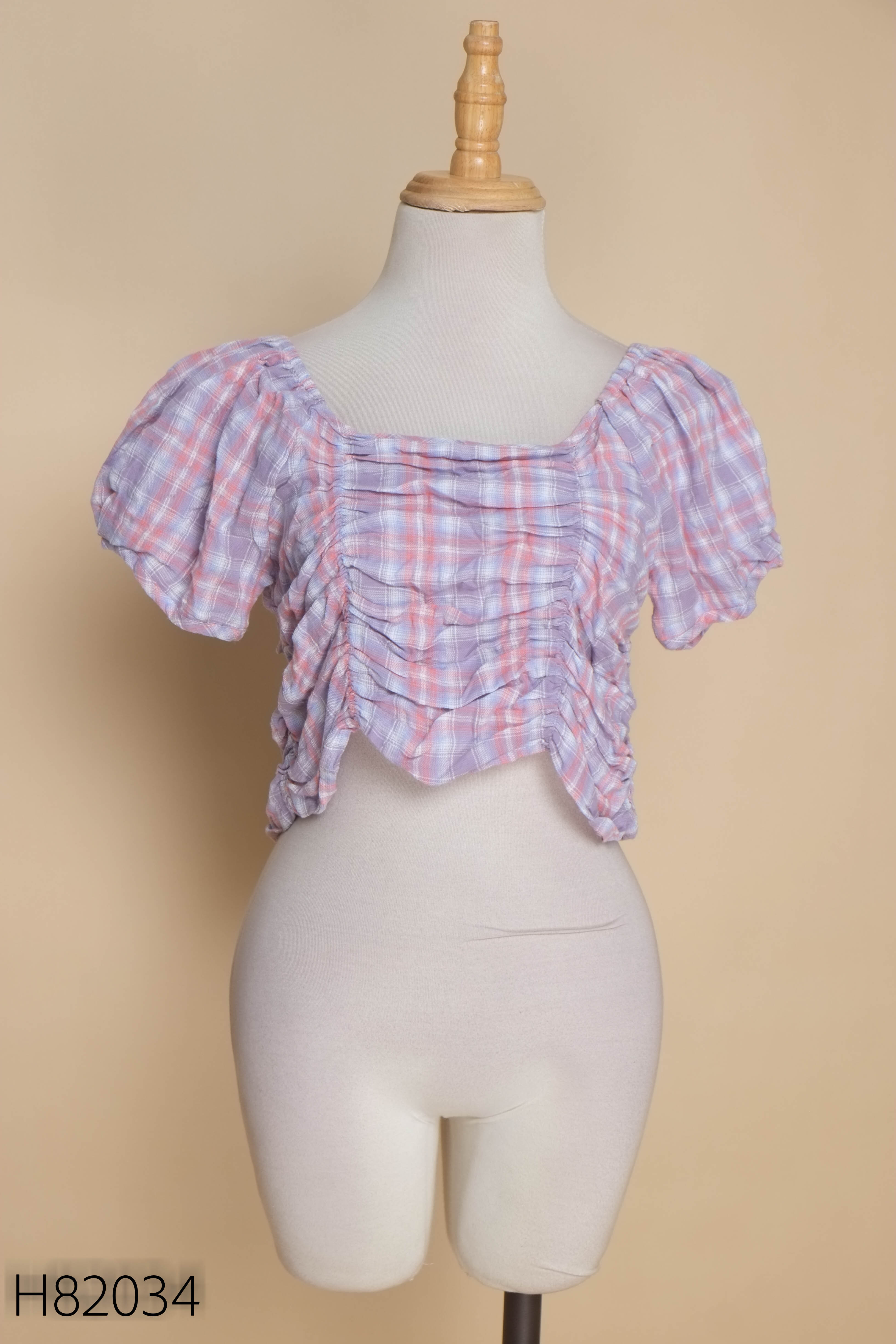 Áo tím croptop tay bồng rúm ngực