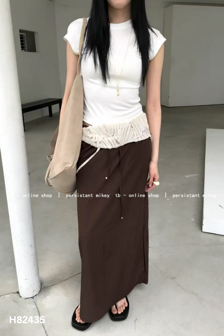 NEWTAG Chân váy linen nâu trơn