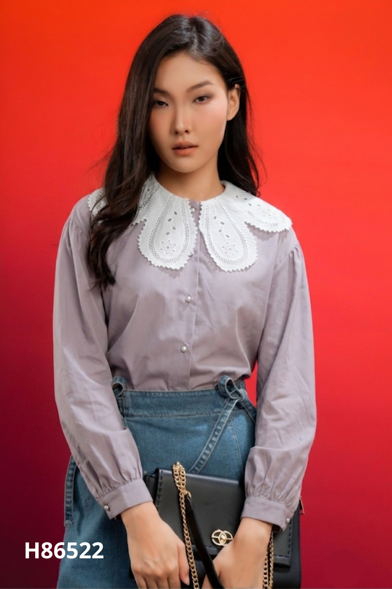 Áo xám LIIN cổ ren sen